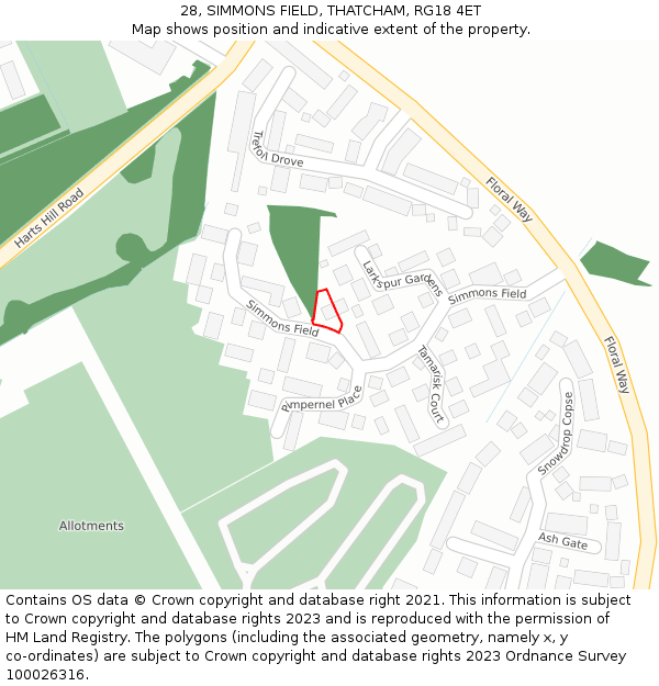 28, SIMMONS FIELD, THATCHAM, RG18 4ET: Location map and indicative extent of plot