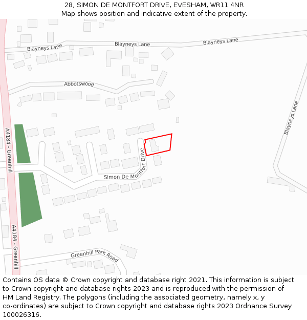 28, SIMON DE MONTFORT DRIVE, EVESHAM, WR11 4NR: Location map and indicative extent of plot