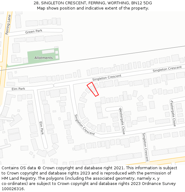28, SINGLETON CRESCENT, FERRING, WORTHING, BN12 5DG: Location map and indicative extent of plot