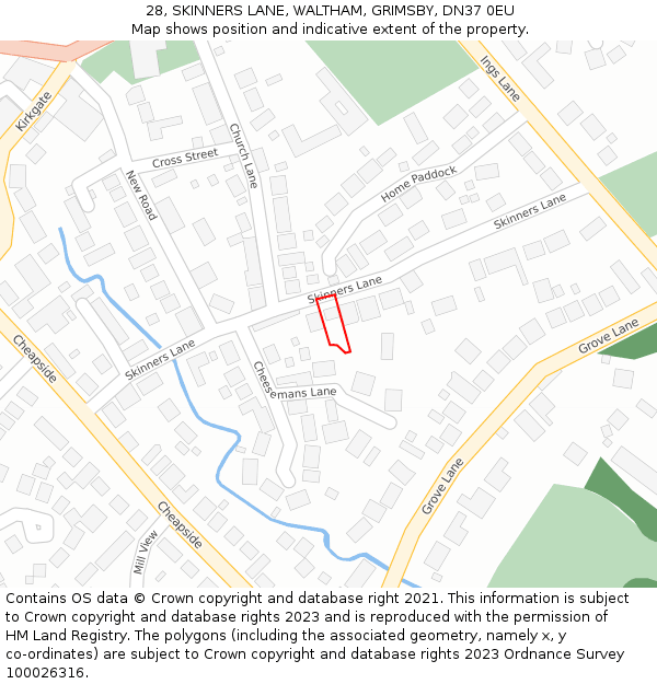 28, SKINNERS LANE, WALTHAM, GRIMSBY, DN37 0EU: Location map and indicative extent of plot