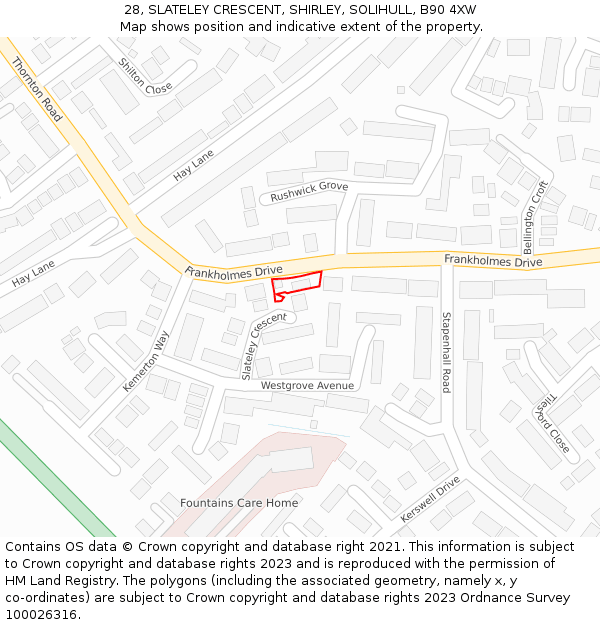 28, SLATELEY CRESCENT, SHIRLEY, SOLIHULL, B90 4XW: Location map and indicative extent of plot