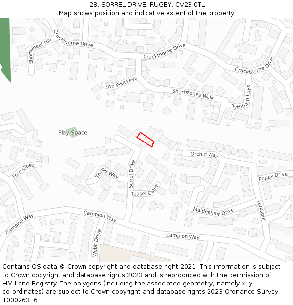 28, SORREL DRIVE, RUGBY, CV23 0TL: Location map and indicative extent of plot