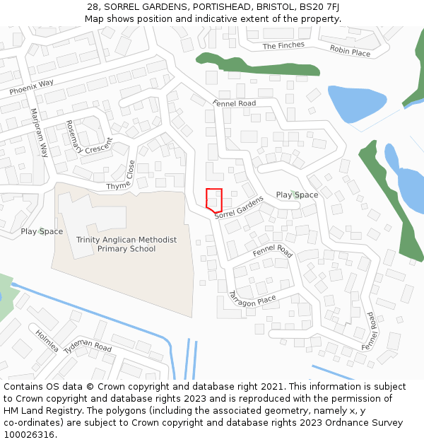 28, SORREL GARDENS, PORTISHEAD, BRISTOL, BS20 7FJ: Location map and indicative extent of plot