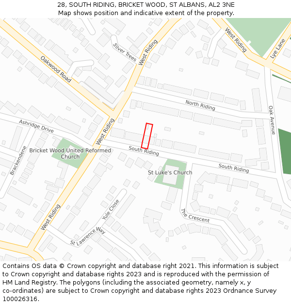 28, SOUTH RIDING, BRICKET WOOD, ST ALBANS, AL2 3NE: Location map and indicative extent of plot