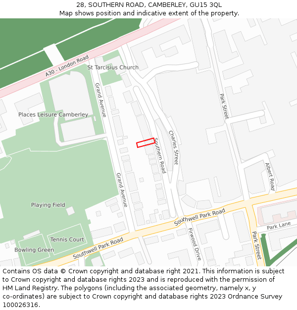 28, SOUTHERN ROAD, CAMBERLEY, GU15 3QL: Location map and indicative extent of plot