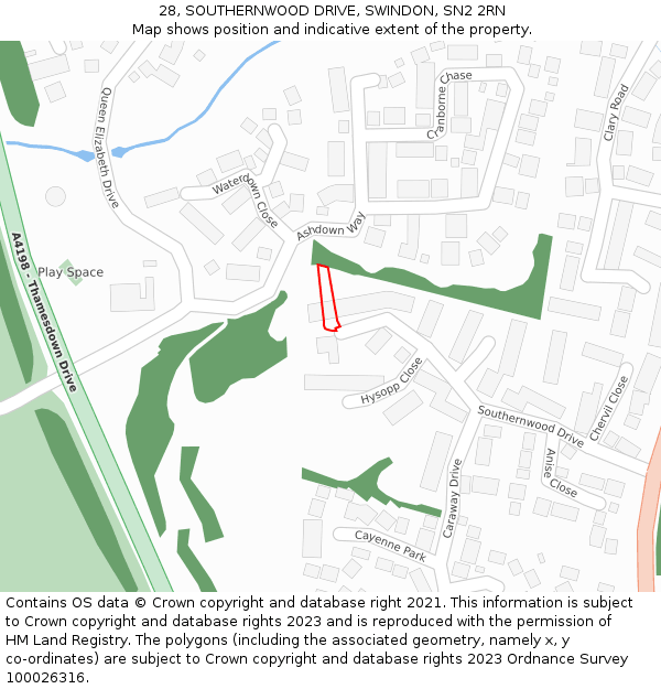 28, SOUTHERNWOOD DRIVE, SWINDON, SN2 2RN: Location map and indicative extent of plot