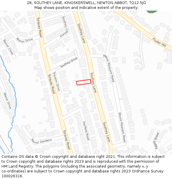 28, SOUTHEY LANE, KINGSKERSWELL, NEWTON ABBOT, TQ12 5JG: Location map and indicative extent of plot