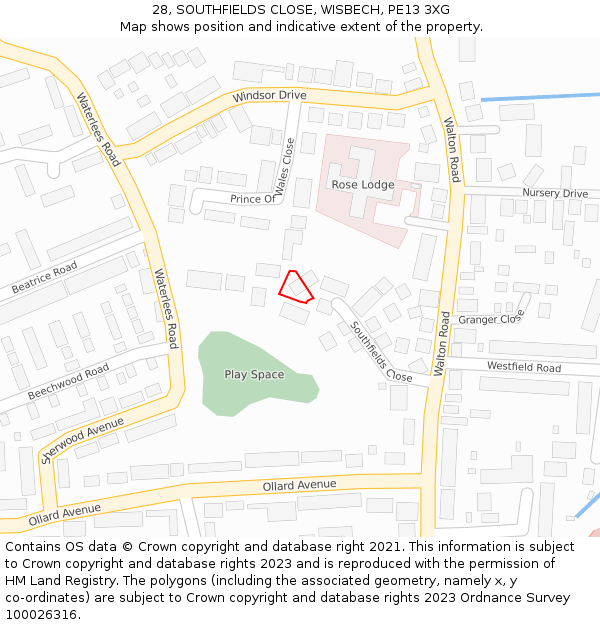 28, SOUTHFIELDS CLOSE, WISBECH, PE13 3XG: Location map and indicative extent of plot