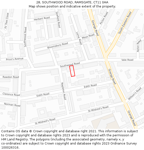 28, SOUTHWOOD ROAD, RAMSGATE, CT11 0AA: Location map and indicative extent of plot