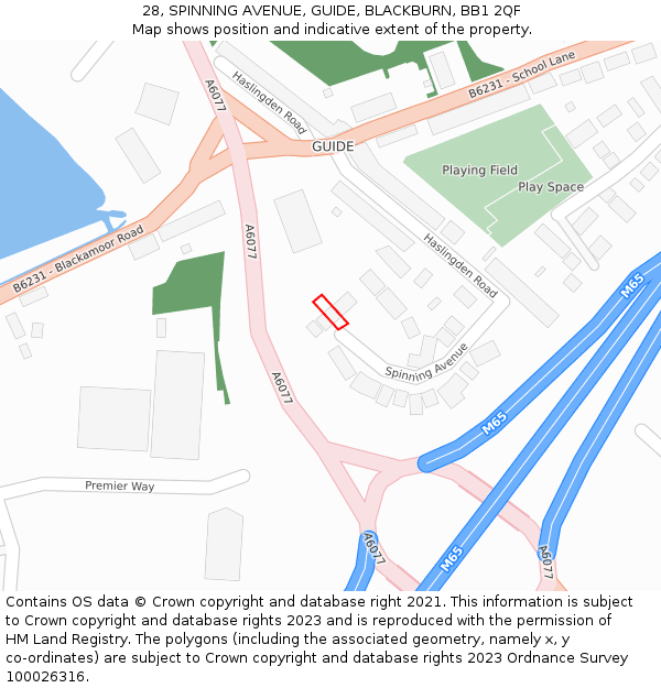 28, SPINNING AVENUE, GUIDE, BLACKBURN, BB1 2QF: Location map and indicative extent of plot