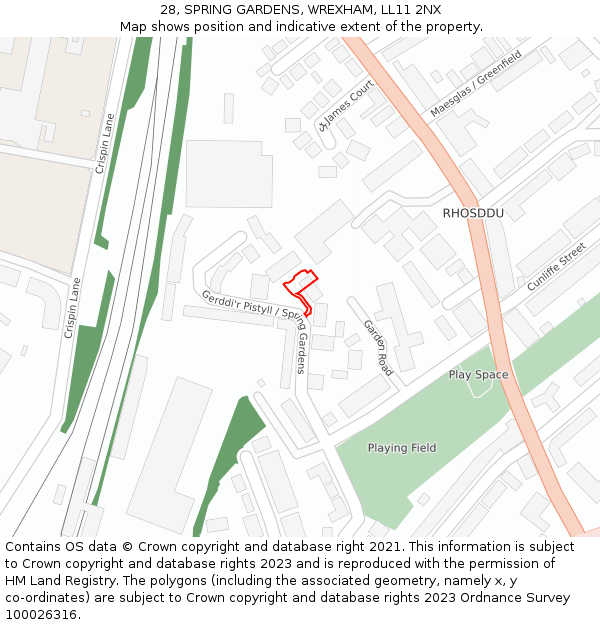 28, SPRING GARDENS, WREXHAM, LL11 2NX: Location map and indicative extent of plot