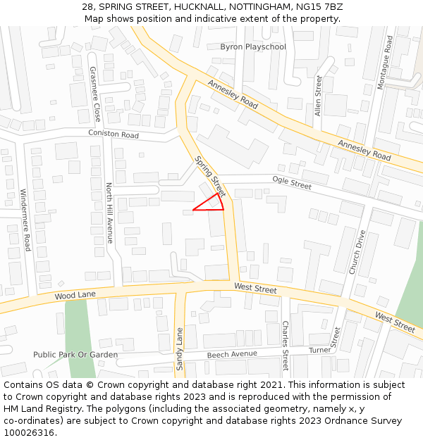 28, SPRING STREET, HUCKNALL, NOTTINGHAM, NG15 7BZ: Location map and indicative extent of plot