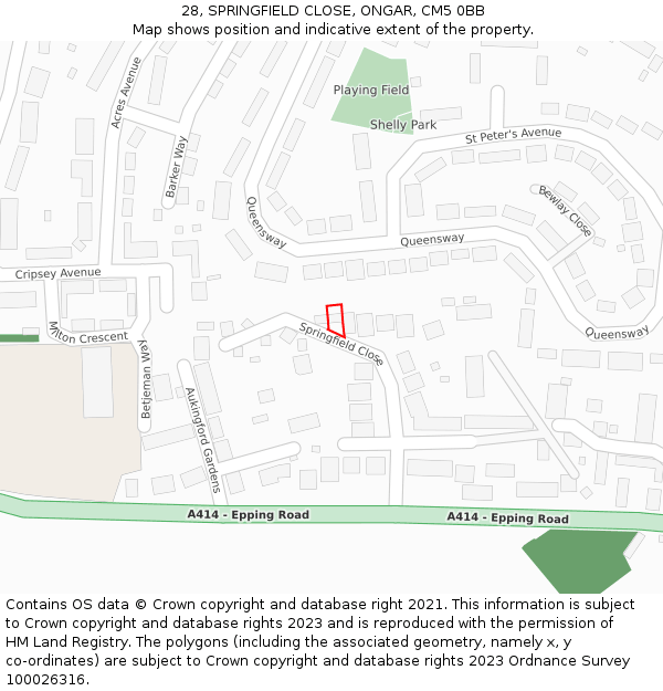 28, SPRINGFIELD CLOSE, ONGAR, CM5 0BB: Location map and indicative extent of plot