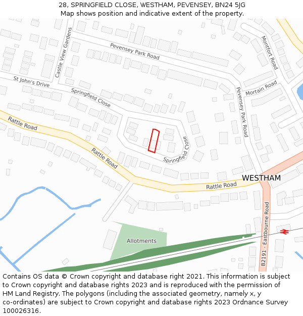 28, SPRINGFIELD CLOSE, WESTHAM, PEVENSEY, BN24 5JG: Location map and indicative extent of plot