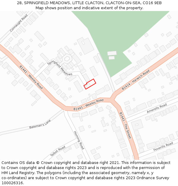 28, SPRINGFIELD MEADOWS, LITTLE CLACTON, CLACTON-ON-SEA, CO16 9EB: Location map and indicative extent of plot
