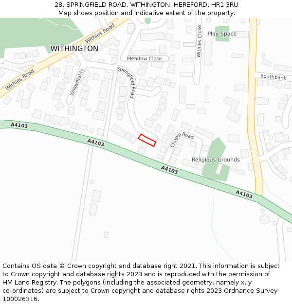 28, SPRINGFIELD ROAD, WITHINGTON, HEREFORD, HR1 3RU: Location map and indicative extent of plot