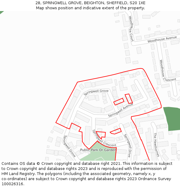 28, SPRINGWELL GROVE, BEIGHTON, SHEFFIELD, S20 1XE: Location map and indicative extent of plot