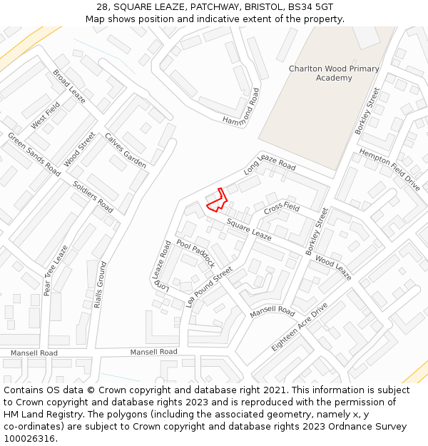 28, SQUARE LEAZE, PATCHWAY, BRISTOL, BS34 5GT: Location map and indicative extent of plot
