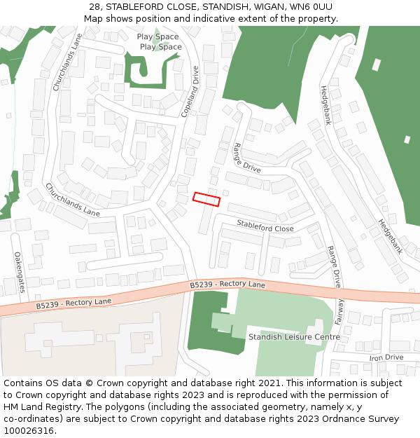 28, STABLEFORD CLOSE, STANDISH, WIGAN, WN6 0UU: Location map and indicative extent of plot