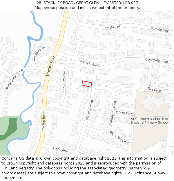 28, STACKLEY ROAD, GREAT GLEN, LEICESTER, LE8 9FZ: Location map and indicative extent of plot