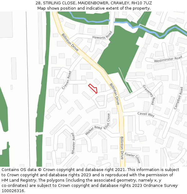 28, STIRLING CLOSE, MAIDENBOWER, CRAWLEY, RH10 7UZ: Location map and indicative extent of plot