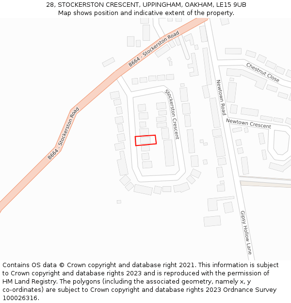 28, STOCKERSTON CRESCENT, UPPINGHAM, OAKHAM, LE15 9UB: Location map and indicative extent of plot
