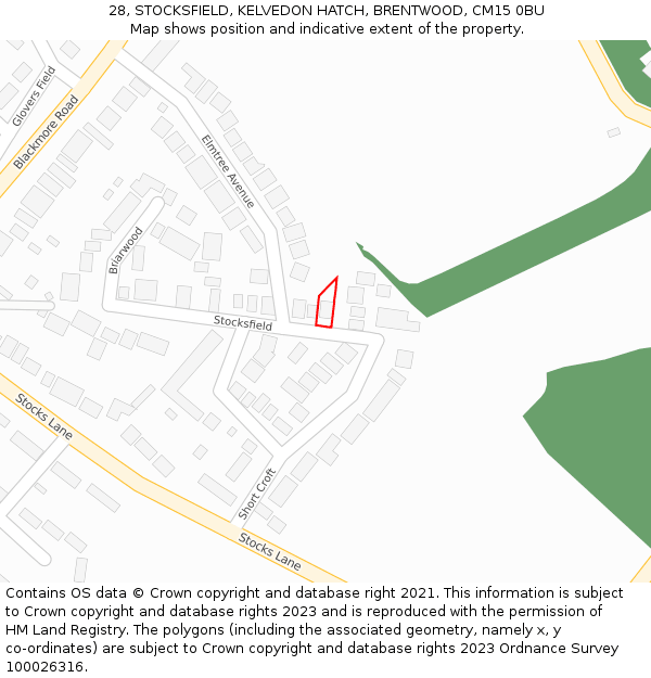 28, STOCKSFIELD, KELVEDON HATCH, BRENTWOOD, CM15 0BU: Location map and indicative extent of plot