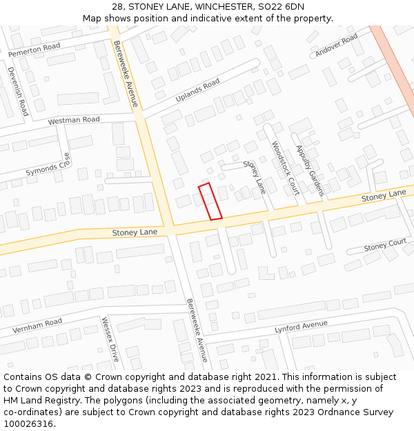 28, STONEY LANE, WINCHESTER, SO22 6DN: Location map and indicative extent of plot