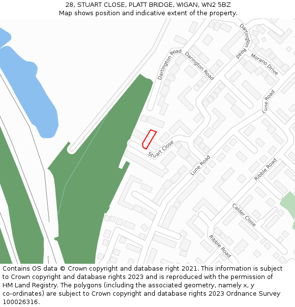 28, STUART CLOSE, PLATT BRIDGE, WIGAN, WN2 5BZ: Location map and indicative extent of plot