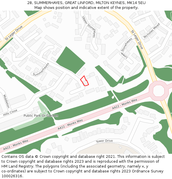 28, SUMMERHAYES, GREAT LINFORD, MILTON KEYNES, MK14 5EU: Location map and indicative extent of plot