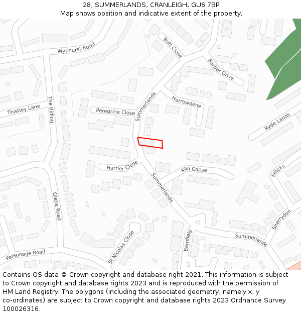 28, SUMMERLANDS, CRANLEIGH, GU6 7BP: Location map and indicative extent of plot