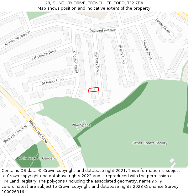 28, SUNBURY DRIVE, TRENCH, TELFORD, TF2 7EA: Location map and indicative extent of plot