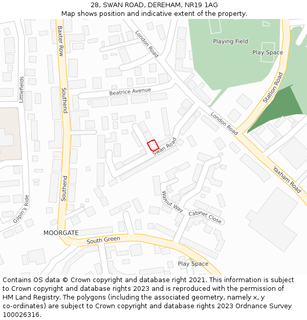 28, SWAN ROAD, DEREHAM, NR19 1AG: Location map and indicative extent of plot