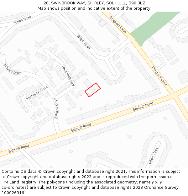 28, SWINBROOK WAY, SHIRLEY, SOLIHULL, B90 3LZ: Location map and indicative extent of plot