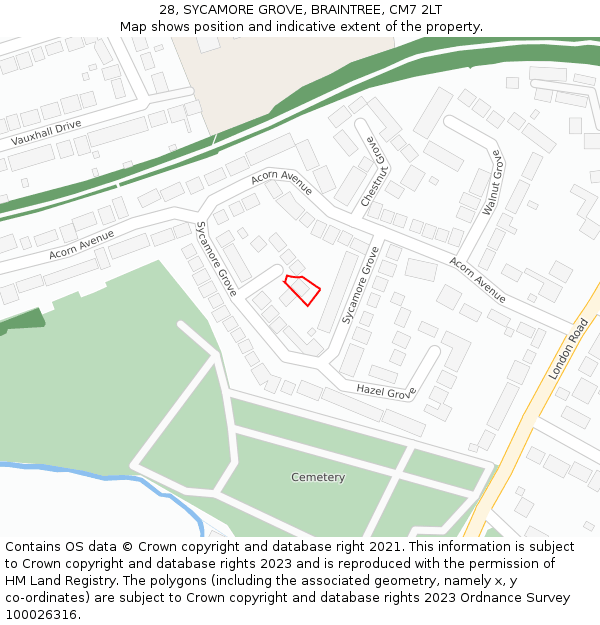 28, SYCAMORE GROVE, BRAINTREE, CM7 2LT: Location map and indicative extent of plot