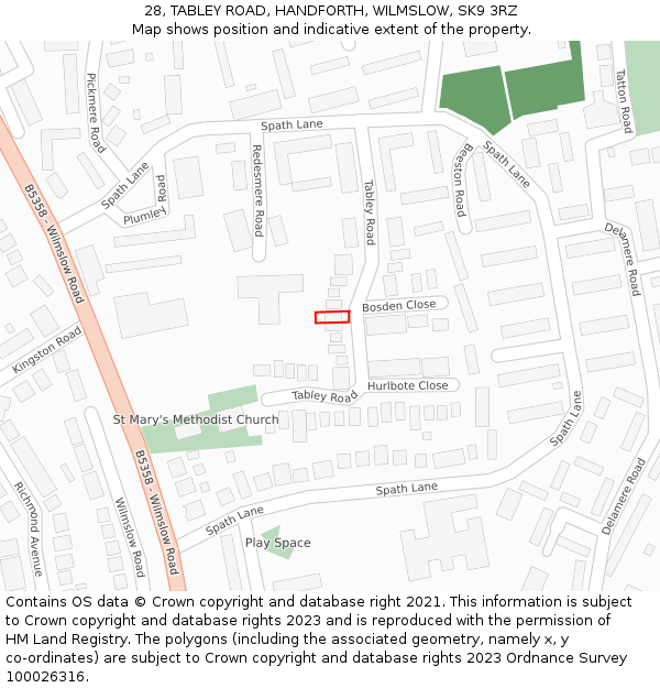 28, TABLEY ROAD, HANDFORTH, WILMSLOW, SK9 3RZ: Location map and indicative extent of plot