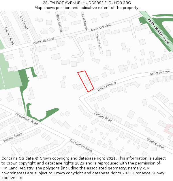 28, TALBOT AVENUE, HUDDERSFIELD, HD3 3BG: Location map and indicative extent of plot