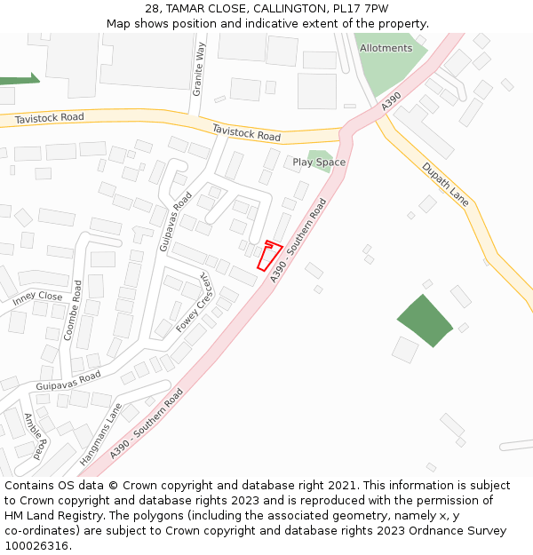 28, TAMAR CLOSE, CALLINGTON, PL17 7PW: Location map and indicative extent of plot