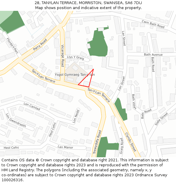 28, TANYLAN TERRACE, MORRISTON, SWANSEA, SA6 7DU: Location map and indicative extent of plot