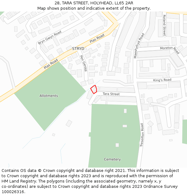 28, TARA STREET, HOLYHEAD, LL65 2AR: Location map and indicative extent of plot