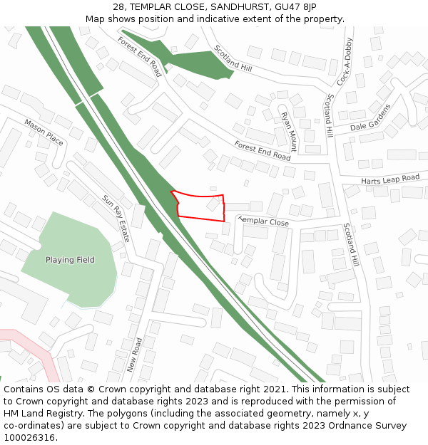 28, TEMPLAR CLOSE, SANDHURST, GU47 8JP: Location map and indicative extent of plot