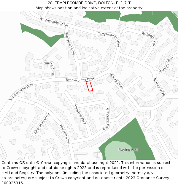 28, TEMPLECOMBE DRIVE, BOLTON, BL1 7LT: Location map and indicative extent of plot