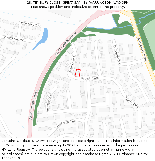 28, TENBURY CLOSE, GREAT SANKEY, WARRINGTON, WA5 3RN: Location map and indicative extent of plot