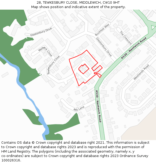 28, TEWKESBURY CLOSE, MIDDLEWICH, CW10 9HT: Location map and indicative extent of plot