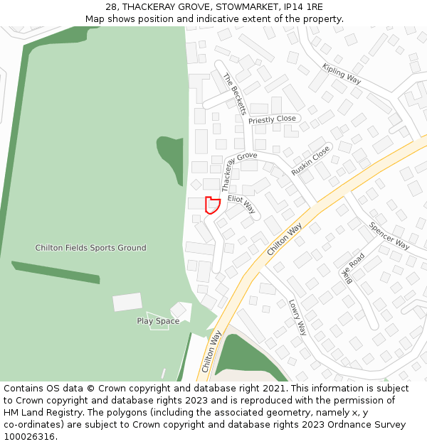 28, THACKERAY GROVE, STOWMARKET, IP14 1RE: Location map and indicative extent of plot