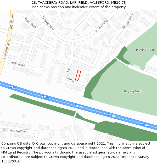 28, THACKERAY ROAD, LARKFIELD, AYLESFORD, ME20 6TJ: Location map and indicative extent of plot