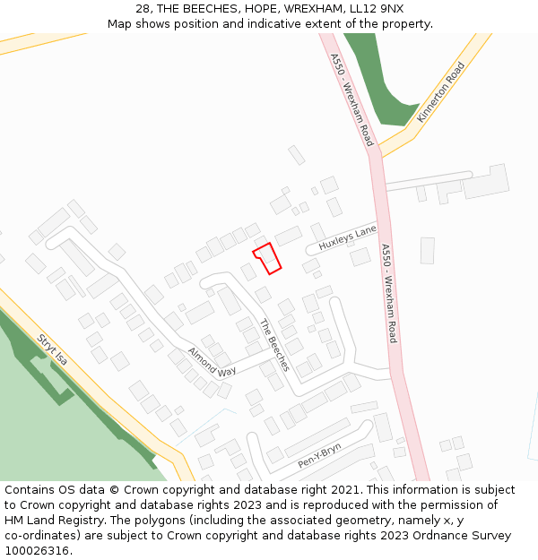28, THE BEECHES, HOPE, WREXHAM, LL12 9NX: Location map and indicative extent of plot