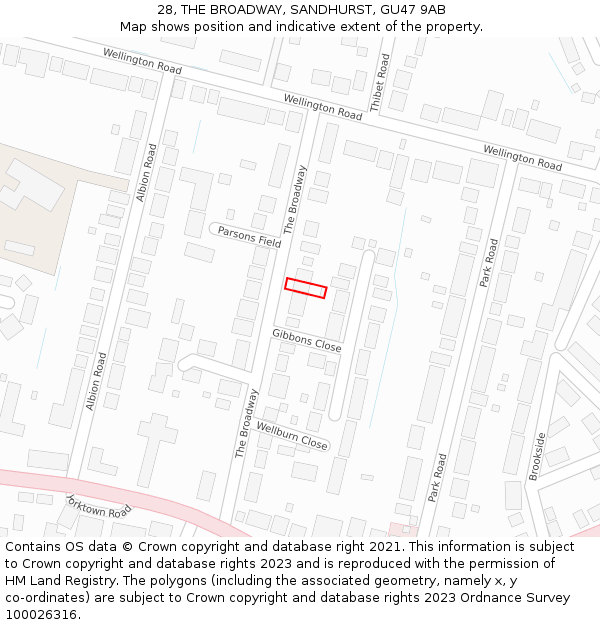 28, THE BROADWAY, SANDHURST, GU47 9AB: Location map and indicative extent of plot