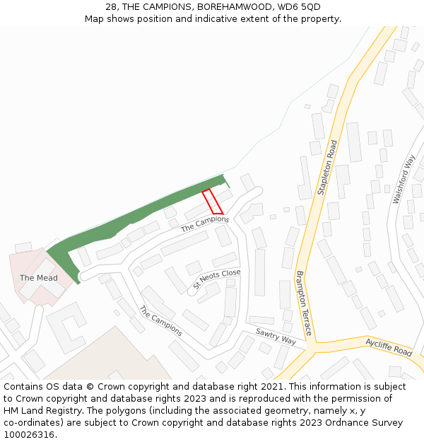 28, THE CAMPIONS, BOREHAMWOOD, WD6 5QD: Location map and indicative extent of plot