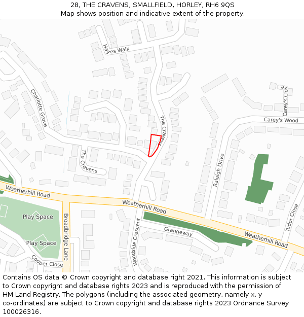 28, THE CRAVENS, SMALLFIELD, HORLEY, RH6 9QS: Location map and indicative extent of plot